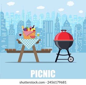 Summer picnic table on city background. Bbq grill, straw basket and food for outing on public park. Vector illustration in flat style