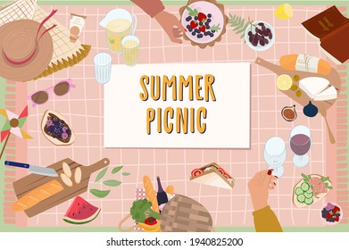 Summer Picnic with tasty food and leisure things poster. Summer festival, holidays, invitation card. Top view. Editable vector illustration.