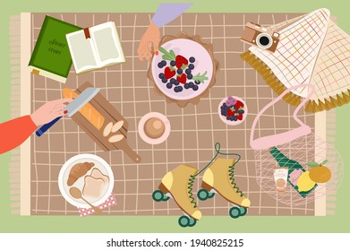 Summer Picnic With Tasty Food And Leisure Things Poster. Summer Festival, Holidays, Invitation Card. Top View. Editable Vector Illustration.