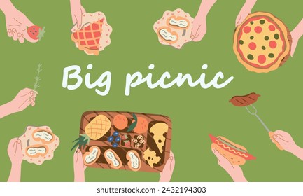 Summer Picnic with tasty food and leisure things poster. Summer festival, holidays, invitation card. Top view. Editable vector illustration.