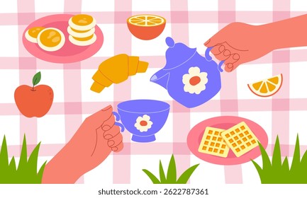 Summer picnic, tea party. A man pours tea into a cup. Vector illustration