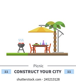 Summer picnic under palm trees. Barbecue outdoors. Set of elements for construction of urban and village landscapes. Vector flat illustration