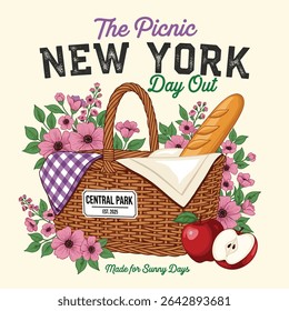 Summer Picnic vector design, vintage t-shirt design. New york picnic day artwork for t shirt, poster, graphic print, Holiday elements illustration
