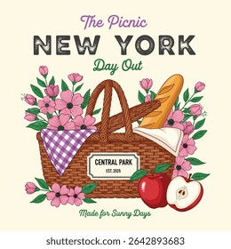 Summer Picnic vector design, vintage t-shirt design. New york picnic day artwork for t shirt, poster, graphic print, Holiday elements illustration