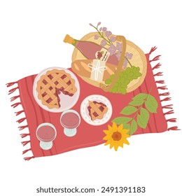 Summer picnic vector illustration of picnic basket, wine, pie, and bread