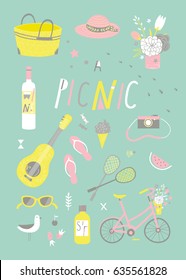 Summer picnic vector illustration: picnic basket, guitar, flower, fruits, bike. Vector set of elements and illustrations