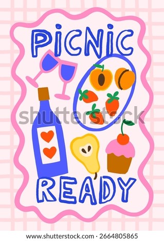 Summer picnic vector illustration. Bold bright breakfast food poster design with wine, fruits plate, sweets
