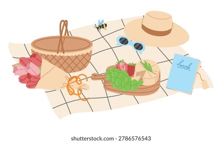 Summer Picnic Vector Illustration with Wicker Basket and Food on Plaid Blanket