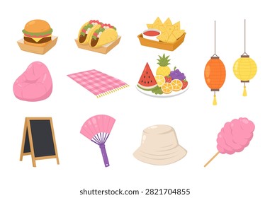 Summer picnic vector set with burger, tacos, nachos, fruits, lanterns, picnic blanket, cotton candy, fan, hat, and outdoor accessories. Perfect for festival, camping, and vacation designs.