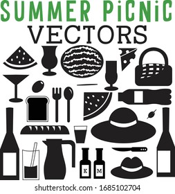 summer picnic vectors including hats, watermelon, wine, and glasses