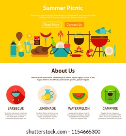 Summer Picnic Web Design. Flat Style Vector Illustration for Website Banner and Landing Page. 