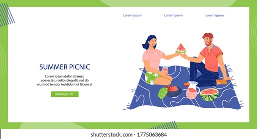 Summer picnic website page with couple in love dating on nature and having picnic. Landing page for people summer activity and outdoor leisure, flat vector illustration.