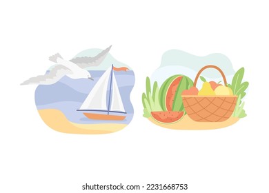 Summer Picnic Wicker Basket with Fresh and Juicy Fruit and Boat with Seagull Vector Set