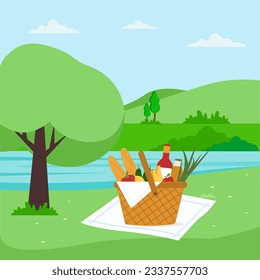 Summer picnic.Picnic basket on grass full of food and drinks (wine, fruits, vegetables,  baguette) for outdoor lunch.Field and sky landscape Vector illustration in flat style. 