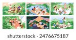 Summer picnics set. People at garden table, blanket on pier, mat in park. Cozy outdoor food party on backyard and field. Friends eating, chilling in nature, landscapes. Flat vector illustrations