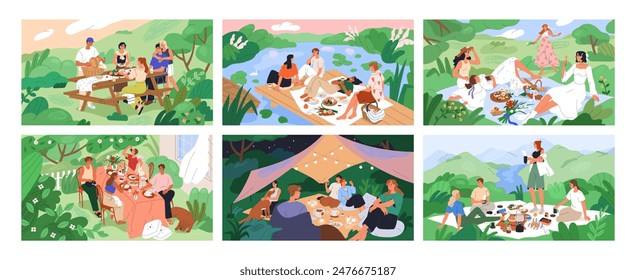 Summer picnics set. People at garden table, blanket on pier, mat in park. Cozy outdoor food party on backyard and field. Friends eating, chilling in nature, landscapes. Flat vector illustrations