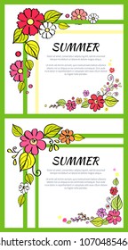 Summer pictures consisting of headline and text samples, frames made of flowers and leaves vector illustrations isolated in floristic style
