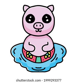 summer pig cartoon swimming with rubber ring. illustration for stickers and apparel