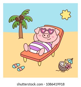 Summer pig in swimsuit and glasses, with coconut cocktail, lays on a deckchair on the beach. It can be used for sticker, patch, phone case, poster, t-shirt, mug and other design.