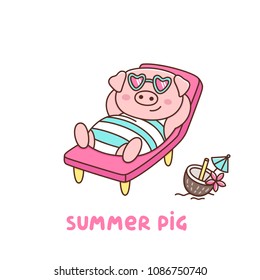 Summer pig in swimsuit and glasses, with coconut cocktail, lays on a deckchair. It can be used for sticker, patch, phone case, poster, t-shirt, mug and other design.