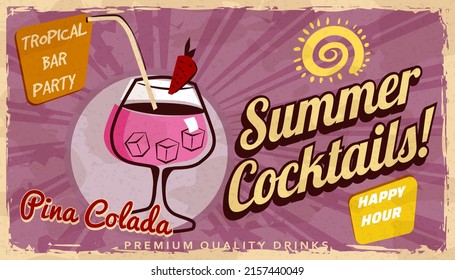 Summer Pina Colada Cocktail Retro banner. Cocktail lounge vintage background, scratched old textured paper