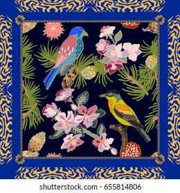 Summer pine forest. Silk scarf pattern with flowers, pine branches and fantasy birds. Chinese, Japanese, Korean motifs. Vintage textile collection. Black, blue, golden.