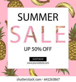 Summer with pineapple and banana seamless pattern design. Shopping cover or promotion or social media sale advertising.