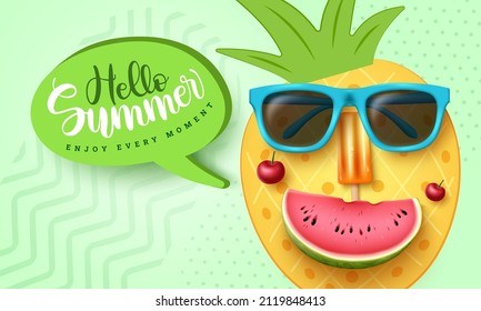 Summer pineapple character vector design. Hello summer text in speech bubble with fruit emoji face and sunglasses for tropical season art decoration. Vector illustration.
