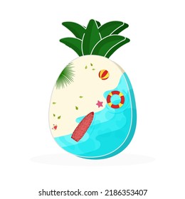Summer Pineapple concept with beach background and surfing board for summer holidays or travel concept with space for your message.