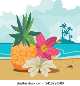 Summer pineapple and flowers on beach island cartoons vector illustration graphic design