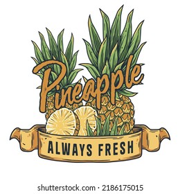 Summer pineapple fruit print. Tropical exotic fruits colored design