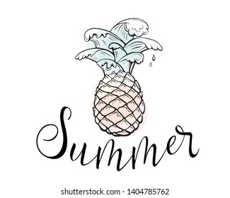 Summer pineapple with sea water waves and text lettering sign, vector background. Tropical vacation concept design in hand drawn style with color emphasis. Fresh summertime print illustration
