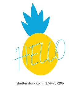 
Summer pineapple simple doodle icon yellow green lettering blue hello
