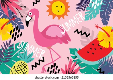 pancarta de fondo rosa verano panal sol piña flamingo flor amarillo sandía ilustración vectorial