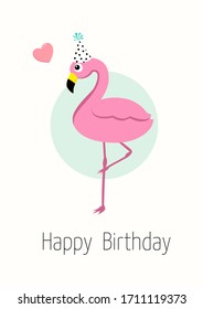 Summer pink flamingo with black and white polka-dot happy birthday card