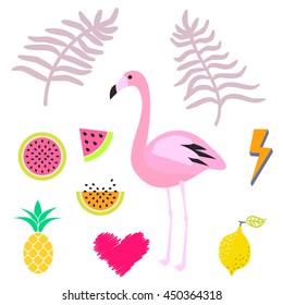 Summer pink flamingo clipart icon set. Palm leaevs, watermelon, pineapple fruits. Vector illustration for stickers and cards.