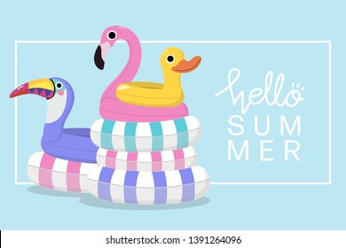 Summer with pink flamingo, violet toucan and yellow duck swim rubber ring. Cute pool toys float in the pool.