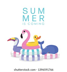 Summer with pink flamingo, violet toucan, blue whale and yellow duck swim rubber ring. Cute animal pool toys float on the pool.