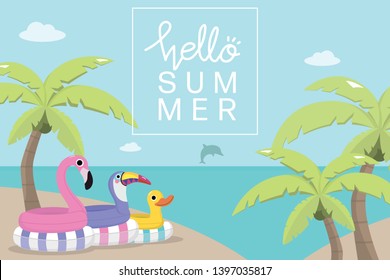 Summer with pink flamingo, violet toucan and yellow duck swim rubber ring. Cute pool toys and coconut trees are on the beach.