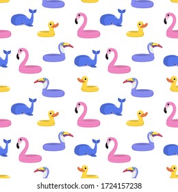 Summer with pink flamingo, violet toucan, blue whale and yellow duck swim rubber ring seamless pattern. Cute animal pool toys float on the pool.