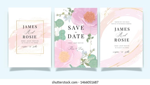 Summer pink flower Wedding invitation, RSVP, thank you cards. Vector elegant rustic template. Swirls of marble or the ripples of agate. Liquid marble texture and Golden metallic. Fluid art. 