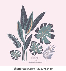 Tarjeta de saludo tropical con vector de hoja rosa de verano. Ilustración floral de hojas verdes monsteras exóticas