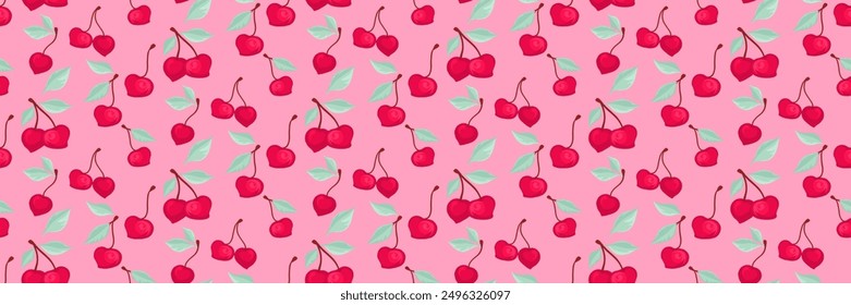 Sommerrosa Muster mit abstrakten künstlerischen Kirschen mit Blättern. Formen Beeren, Früchte, Blatt, nahtloser Druck. Vektorhandzeichnung gemalt. Design Ornament für Stoff, Mode, Textilien