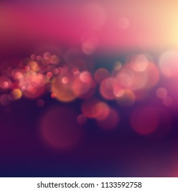 Summer pink purple evening sunset. Defocused landscape in sunlight with lens flare and colorful bokeh. Urban night light. EPS 10