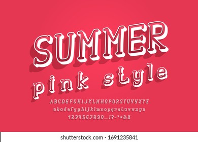 Summer pink style 3D alphabet bright modern color. Uppercase and lowercase letters, numbers, punctuation marks. Stylized retro typeface Italic serif font. Vector illustration