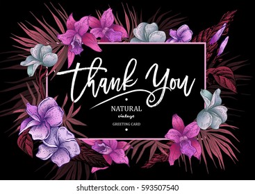 Summer Pink Tropical Vintage Floral Greeting Card with Exotic flowers, Thank you horizontal botanical natural orchid Illustration on black background.