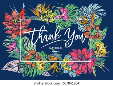 Summer Pink Tropical Vintage Floral Greeting Card with Exotic flowers, Thank you horizontal botanical natural orchid Illustration on blue background