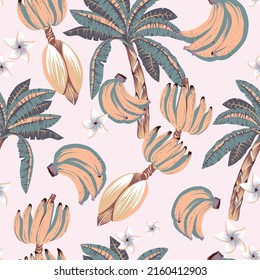 Patrón veraniego de vector tropical sin costuras. Flores exóticas, palmeras, plátanos, hojas verdes de monstera textura floral