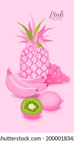 Summer pink vertical banner with healthy fruit food cartoon icons. Creative modern card with colorful different fruits. Vector illustration.