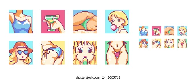 Summer Pixel Art Set. Retro 8 Bit Style Girls in Swimwear Collection. Patterns with Beach Summer Vibes for Print and Decor. Modern Woman Bikini, Panties with Ties and Swimsuit. Y2k Game Stickers.
